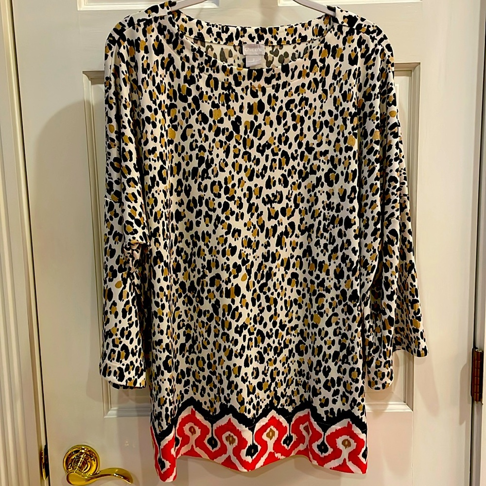 Chico’s Size 2 (12/14) Animal Print Top with Raglan Bell Shaped Sleeves.
